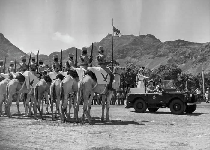 Framed Print : Royal Visit To Aden - Queen Inspects Aden Camel Corps -- H Framed Print : Royal Visit To Aden - Queen Inspects Aden Camel Corps -- H