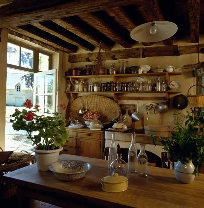 Framed Print : Rustic cottage kitchen with wooden table and shelving Framed Print : Rustic cottage kitchen with wooden table and shelving