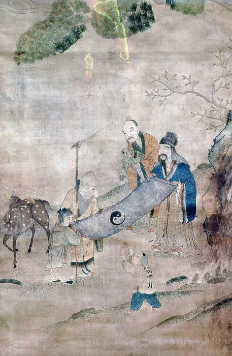 Framed Print : Three sages of T'ai Chi surrounded by symbols of long life and immortality (tree) Framed Print : Three sages of T'ai Chi surrounded by symbols of long life and immortality (tree)