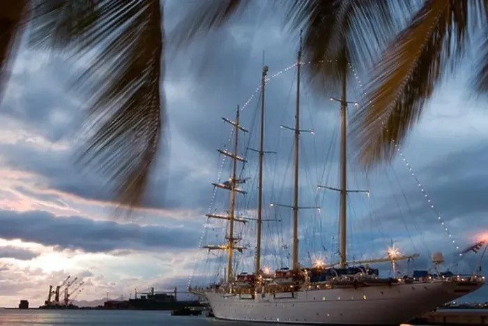 Framed Print : Sailing Cruiseship Star Flyer (Star Clippers Cruises) in home port of Papeete