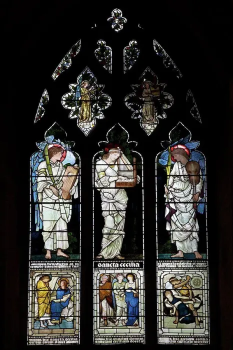 Framed Print : Saint Cecilia and Two Angels by Edward Burne-Jones on stained glass windows in a church