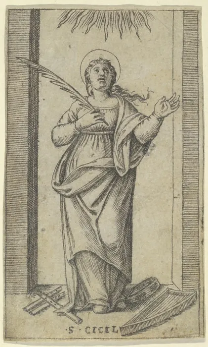 Framed Print : Saint Cecilia standing holding a palm of martyrdom in her right hand Framed Print : Saint Cecilia standing holding a palm of martyrdom in her right hand