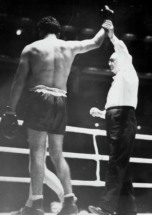 Framed Print : Sands Wins, But Disappoints -- Dave Sands is acclaimed the winner by the referee Framed Print : Sands Wins, But Disappoints -- Dave Sands is acclaimed the winner by the referee