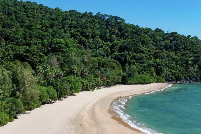 Framed Print : Sandy beach and forest Beach and lighthouse, Mu Ko Lanta National Park, Koh Lanta, Thailand
