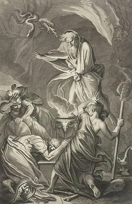 Framed Print : Saul with the Witch of Endor, the necromancer or witch of Endor is a character in the 1st Book of Samuel of the Bible Framed Print : Saul with the Witch of Endor, the necromancer or witch of Endor is a character in the 1st Book of Samuel of the Bible