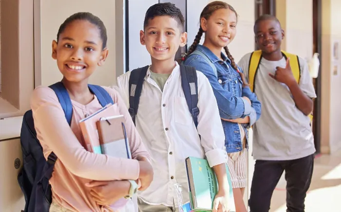 Framed Print : School, friendship and portrait of a group of children standing with backpack and books in hallway