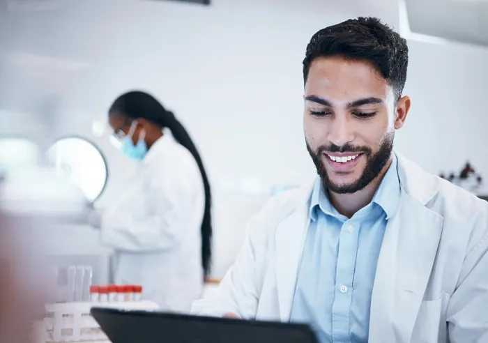 Framed Print : Science, research and tablet with man in laboratory for medicine Framed Print : Science, research and tablet with man in laboratory for medicine
