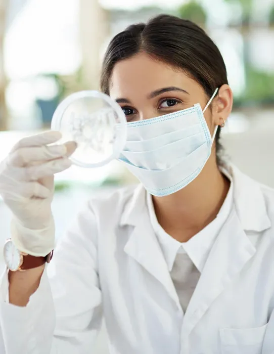 Framed Print : Scientist, petri dish and research with sample in lab from testing Framed Print : Scientist, petri dish and research with sample in lab from testing