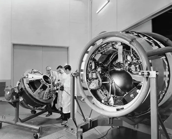 Framed Print : Three scientists working on satellites in a laboratory, GE Space Technology Labs, Valley Forge, Pennsylvania, USA Framed Print : Three scientists working on satellites in a laboratory, GE Space Technology Labs, Valley Forge, Pennsylvania, USA