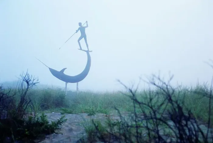 Framed Print : Sculpture depicting a man harpooning a narwhal on a foggy beach at Menemsha Harbor Framed Print : Sculpture depicting a man harpooning a narwhal on a foggy beach at Menemsha Harbor