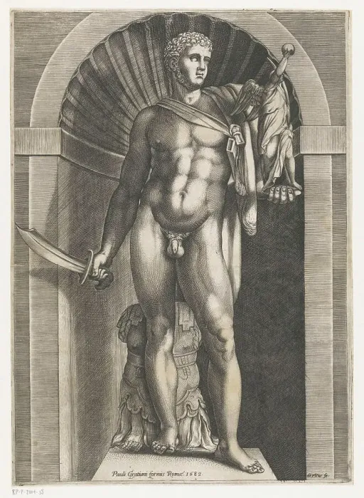 Framed Print : Sculpture of a warrior, 1582 print A sculpture of a naked warrior in a niche Framed Print : Sculpture of a warrior, 1582 print A sculpture of a naked warrior in a niche