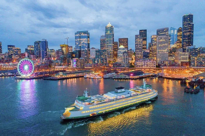 Framed Print : Seattle skyline, Ferris wheel and ferry boat Framed Print : Seattle skyline, Ferris wheel and ferry boat
