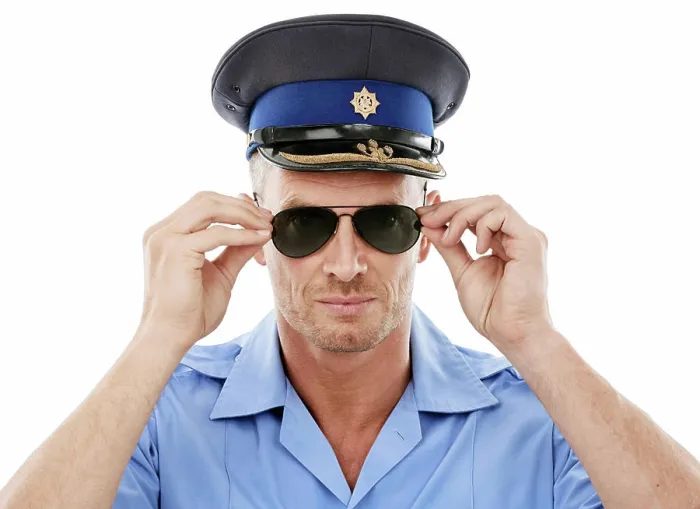 Framed Print : Security, officer and face of police with sunglasses on white background for authority Framed Print : Security, officer and face of police with sunglasses on white background for authority