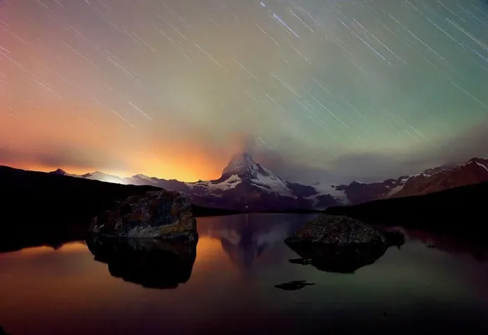 Framed Print : Seen from Stellisee, light streaks from stars through three hour time exposure in thunderstorm