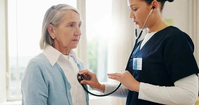 Framed Print : Senior woman, nurse or stethoscope for healthcare