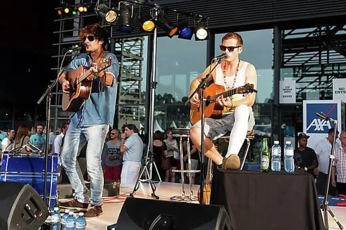 Framed Print : Severin Specht and Benjamin Nolle from the German duo-band 'Kids of Adelaide' performing live in front of the KKL Plaza Framed Print : Severin Specht and Benjamin Nolle from the German duo-band 'Kids of Adelaide' performing live in front of the KKL Plaza