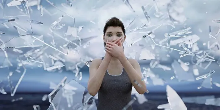 Framed Print : Shards of glass surrounding woman covering mouth with hands Framed Print : Shards of glass surrounding woman covering mouth with hands