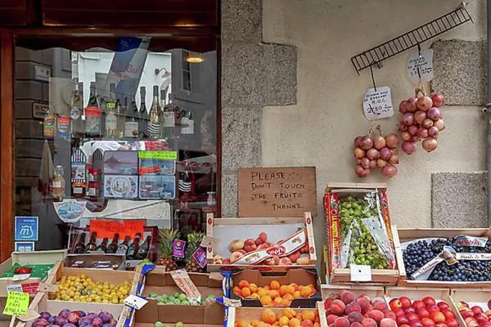 Framed Print : Shop with a range of different types of fruit and the famous Roscoff onions, Roscoff, Brittany, France, Europe Framed Print : Shop with a range of different types of fruit and the famous Roscoff onions, Roscoff, Brittany, France, Europe