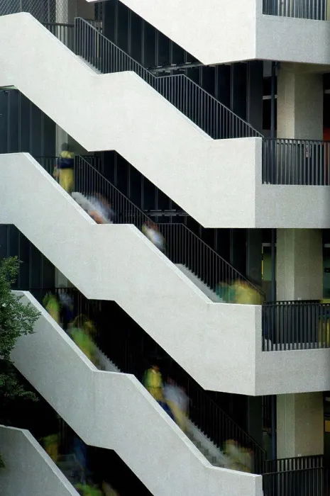 Framed Print : Detail shot of blurred people on staircases in row, Taipei, Taiwan. 11 / 07 / 2005