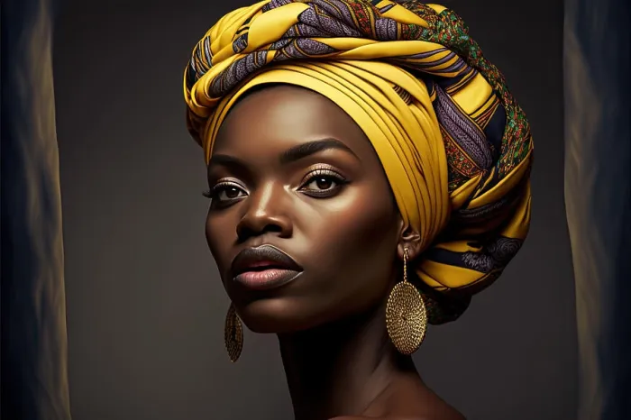 Framed Print : shot of a woman wearing a traditional african head wrap. Generative AI Framed Print : shot of a woman wearing a traditional african head wrap. Generative AI