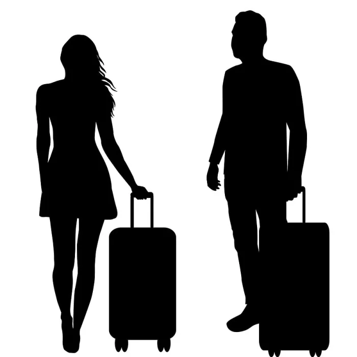 Framed Print : Silhouettes of a woman and a man with suitcases on wheels