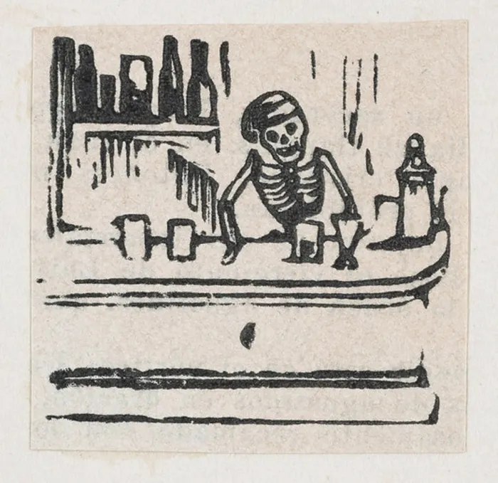 Framed Print : A skeleton serving alcohol, from a broadside enitled Medicinas de Patente de mas Fama ca Framed Print : A skeleton serving alcohol, from a broadside enitled Medicinas de Patente de mas Fama ca