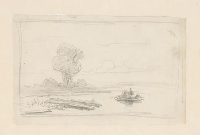 Framed Print : Sketch of a boat on the water, in the background a tall tree Framed Print : Sketch of a boat on the water, in the background a tall tree