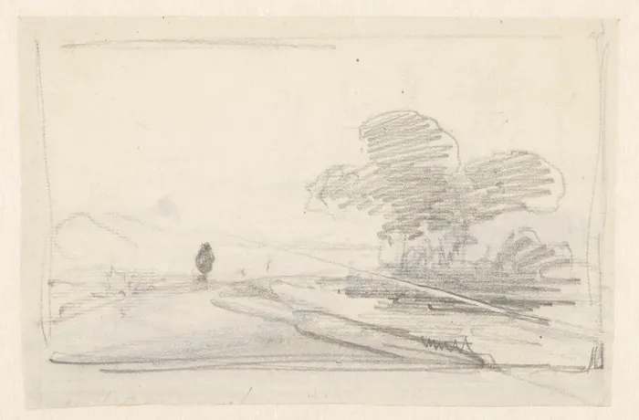 Framed Print : Sketch of a landscape with a group of trees along a road