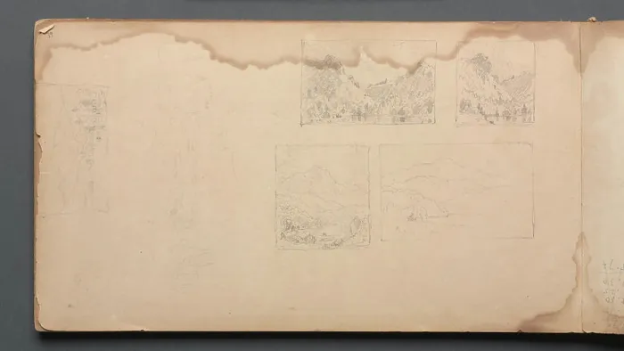 Framed Print : Sketchbook, page 39: Maine Landscape Vignittes, 1859. Sanford Robinson Gifford (American, 1823-1880). Graphite;