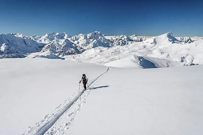 Framed Print : Ski touring in the ascent to the Seekofel in the Fanes-Sennes-Prags Nature Park in the Dolomites