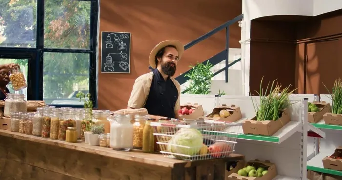 Framed Print : Small business owner arranging organic products on display