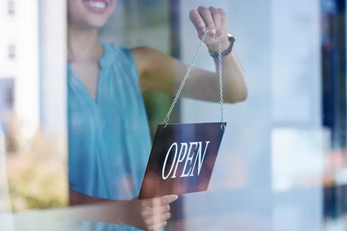 Framed Print : Small business, woman and entrepreneur with open sign excited at professional shop window entrance Framed Print : Small business, woman and entrepreneur with open sign excited at professional shop window entrance