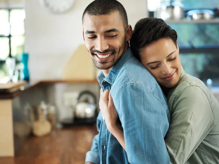 Framed Print : Smile, couple and hug with love in kitchen of care Framed Print : Smile, couple and hug with love in kitchen of care