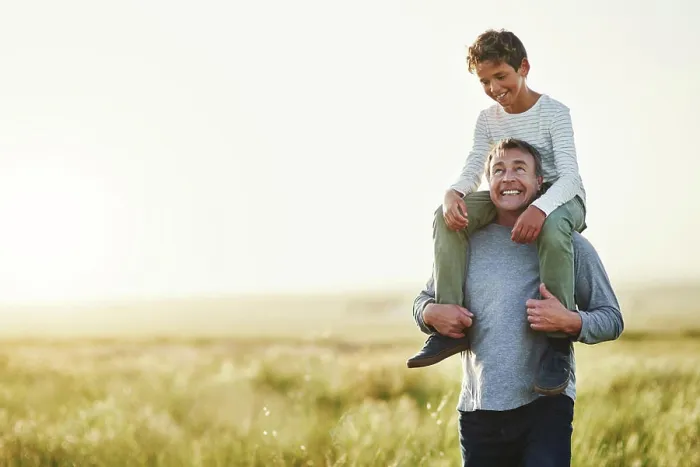 Framed Print : Smile, father and piggyback of son in nature