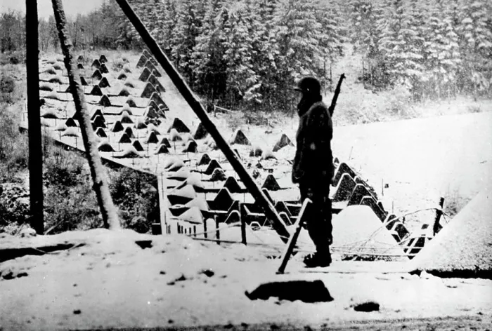 Framed Print : Snow Scene Along The Siegfried Line - An American sentry stands guard along the Siegfried Line in Germany after Framed Print : Snow Scene Along The Siegfried Line - An American sentry stands guard along the Siegfried Line in Germany after