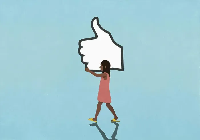 Framed Print : Social Media like button above walking girl with smart phone Framed Print : Social Media like button above walking girl with smart phone