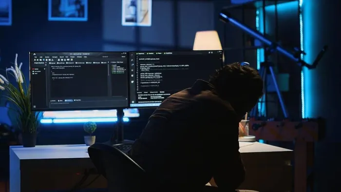 Framed Print : Software developer putting face in hands in frustration while updating binary code script on computer Framed Print : Software developer putting face in hands in frustration while updating binary code script on computer