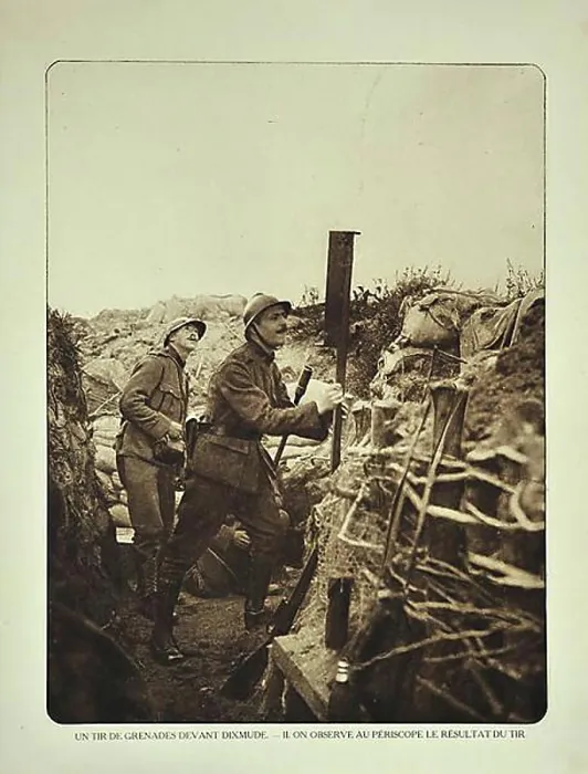 Framed Print : Soldier in trench checking with periscope where grenades strike in the battlefield at Diksmuide in Flanders during WWI