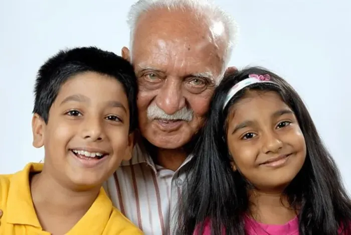 Framed Print : South Asian Indian grandfather with grandchildren looking at camera MR#152
