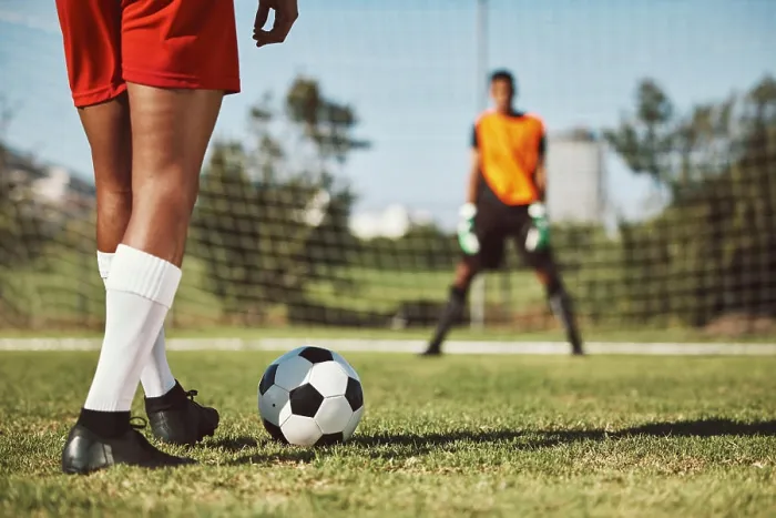 Framed Print : Sports, soccer field and legs of athlete with goalkeeper ready for penalty kick Framed Print : Sports, soccer field and legs of athlete with goalkeeper ready for penalty kick