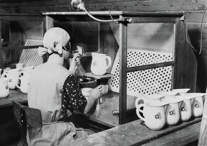 Framed Print : Spray painting by fume cabinet, Gustafberg's porcelain factory