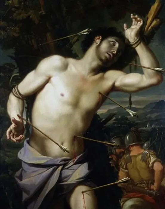 Framed Print : St Sebastian School of Giovanni Domenico Cerrini, called Cavaliere Perugino (1609-81) Oil on wood Framed Print : St Sebastian School of Giovanni Domenico Cerrini, called Cavaliere Perugino (1609-81) Oil on wood