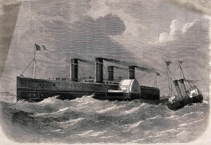 Framed Print : A steamer designed to carry a train across the English Channel. Wood engraving Framed Print : A steamer designed to carry a train across the English Channel. Wood engraving