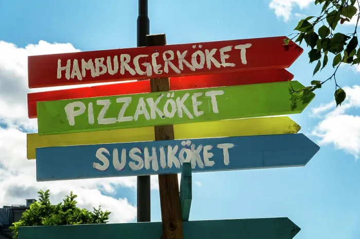 Framed Print : Stockholm, Sweden Colorful signs point to Hamburger, pizza and sushi resturants in a park Framed Print : Stockholm, Sweden Colorful signs point to Hamburger, pizza and sushi resturants in a park