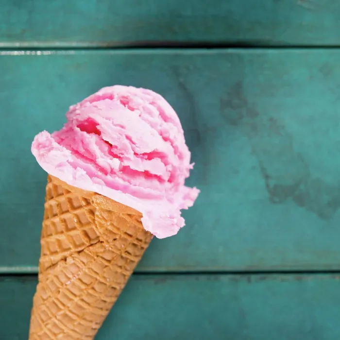 Framed Print : Strawberry ice cream in blue close up Top view strawberry ice cream waffle cone on blue wooden background Framed Print : Strawberry ice cream in blue close up Top view strawberry ice cream waffle cone on blue wooden background