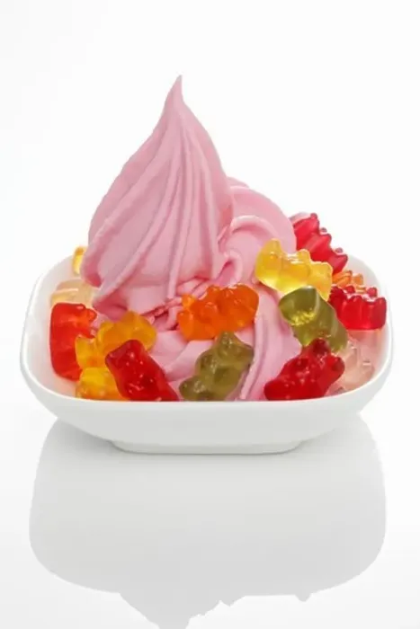 Framed Print : Strawberry yogurt ice cream garnished with gummy bears Framed Print : Strawberry yogurt ice cream garnished with gummy bears