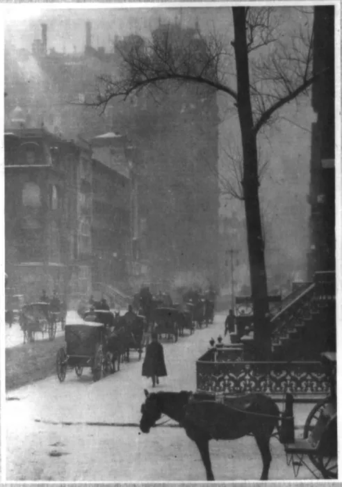 Framed Print : The street. design for a poster shows horses and carriages on snowy New York City street Framed Print : The street. design for a poster shows horses and carriages on snowy New York City street