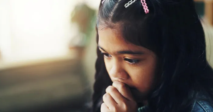 Framed Print : Stress, anxiety and girl child in therapy for consultation in trauma