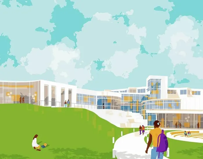 Framed Print : Students on campus with modern building Framed Print : Students on campus with modern building