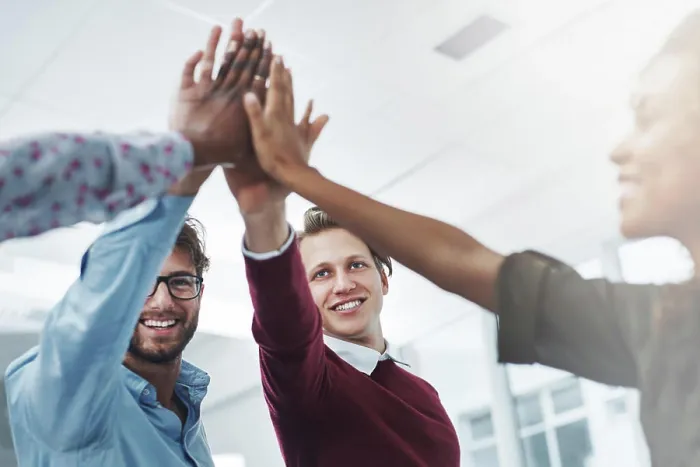 Framed Print : Success, high five or team in office for business